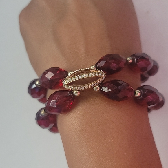 Ruby & Gold w/Crystals Beaded Double Bracelet - Picture 2 of 4